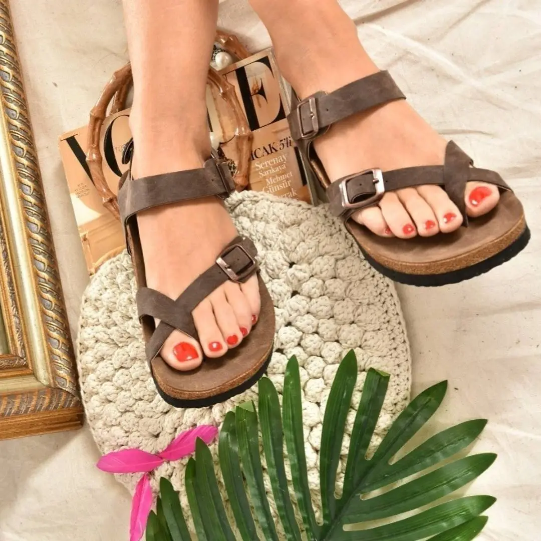 Women Flip-Flops Peep Toe Footbed Slippers Sandals Suede Leather Strap  Buckle Cork Slide Mules - купить по выгодной цене | AliExpress