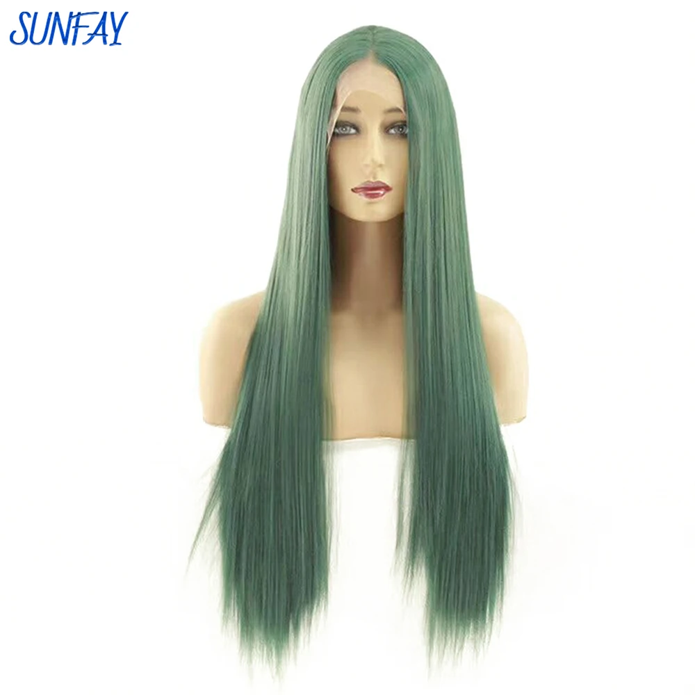 24 Inch Premium Synthetic Lace Wigs Heat Resistant Straight Women's Wig Neon Green Lace Front High Density Wigs Cosplay For Kids