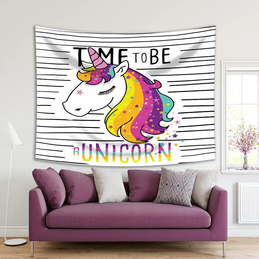 

Tapestry "Time to be A Unicorn" Colorful Cute Magical Unicorn Cartoon Strips on Stars Childish Designed Yellow Pink blue Kids