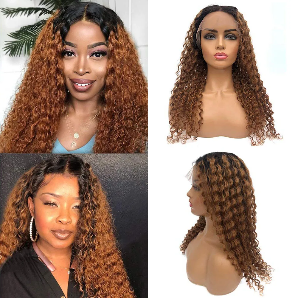 1BT30 Ombre Brown Deep Wave Lace Front Wig 150 Density Two Tone 13x1 T Part Human Hair Wigs Pre Plucked Curly Wig With Baby Hair