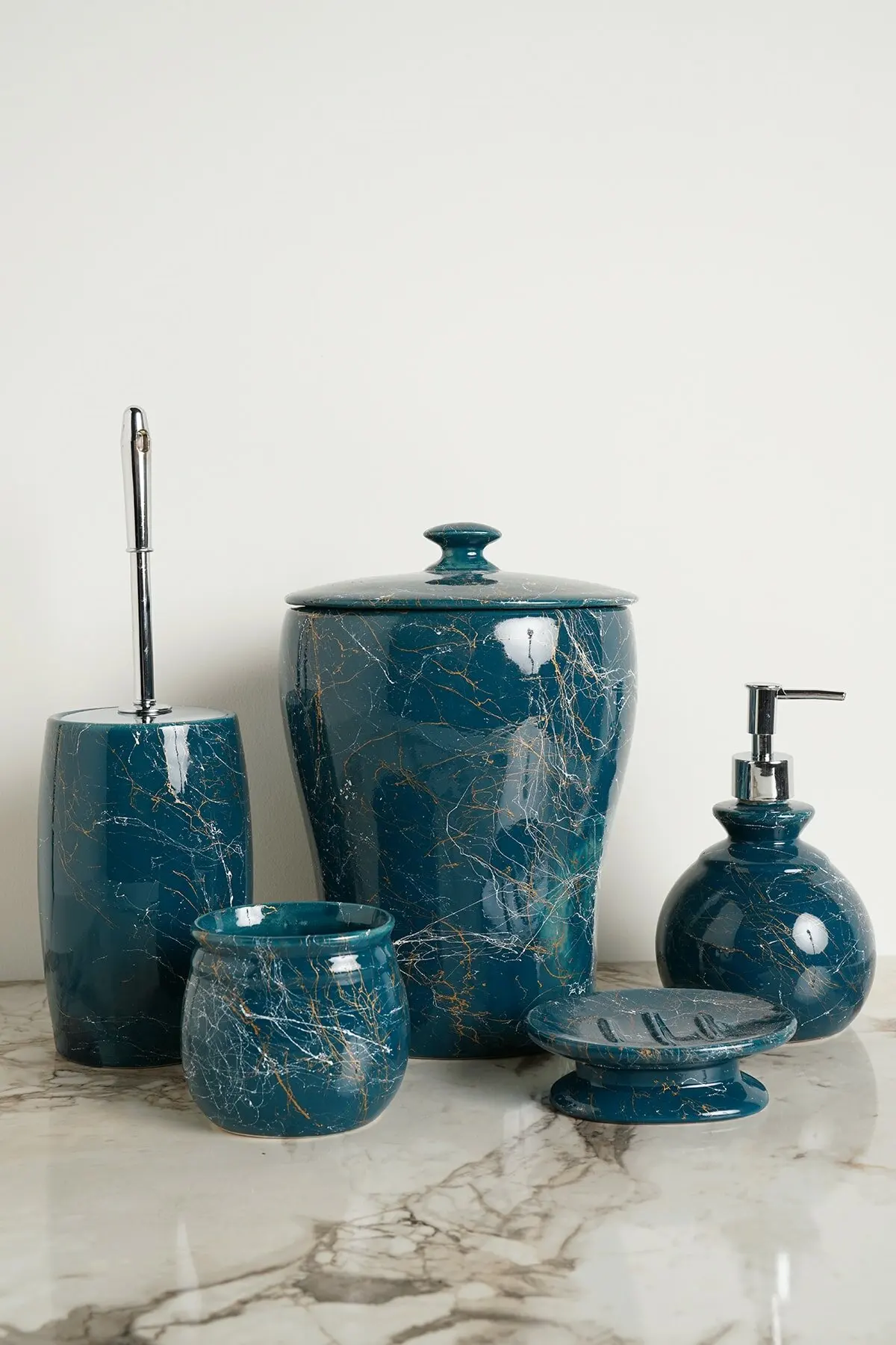 

Bathroom Accessory Set Seramic Marble Pattern Toothbrush Holder Toilet Brush Soap Dispenser Pump Bottle Soap dish Mouthwash Cup