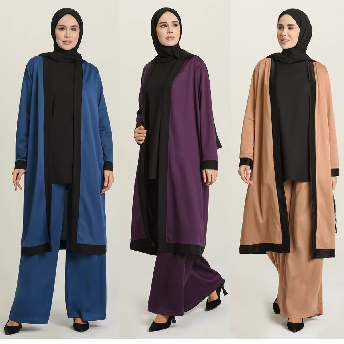 Muslim Fashion Casual 3 Pieces Sets Women Tracksuit Patterned Long + Pants Jogging + Solid Top Over Suits Islam Hijab