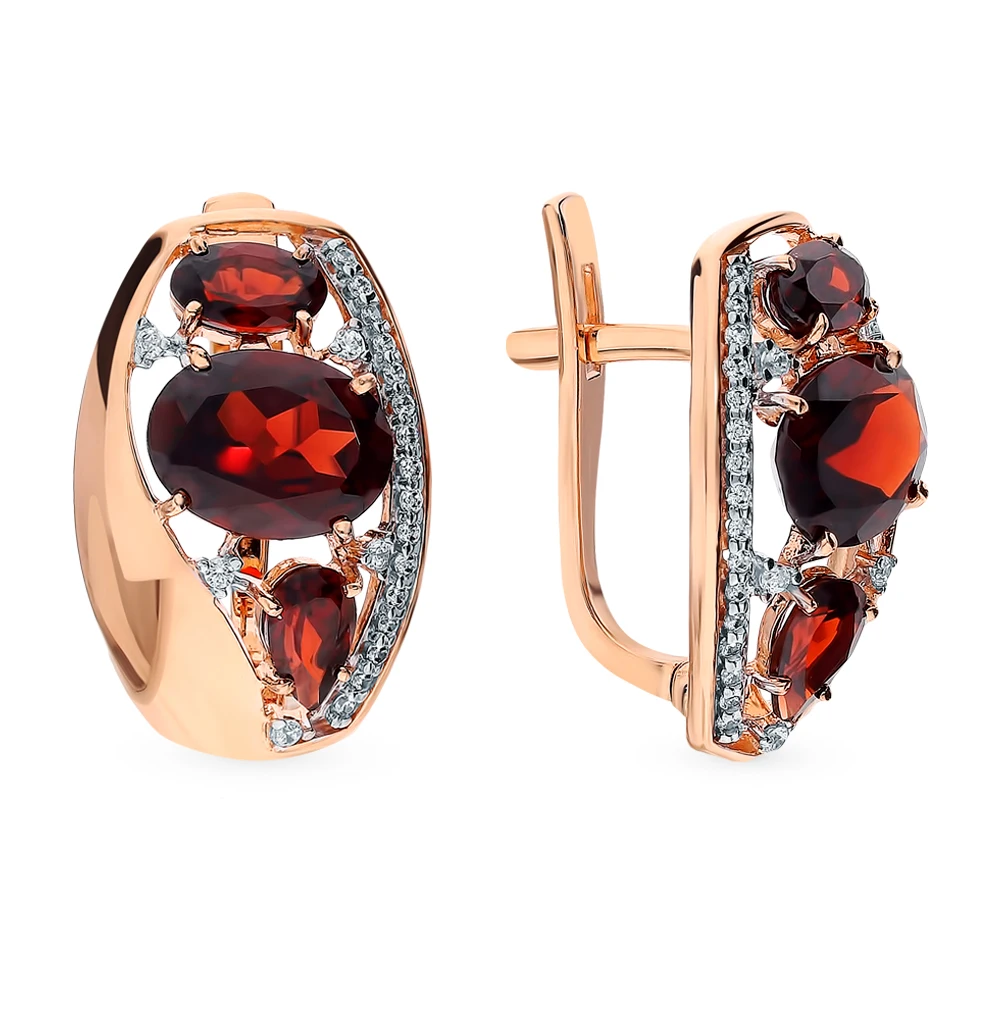 Золотые серьги с фианитами и гранатом SUNLIGHT проба 585|Серьги-клипсы| |