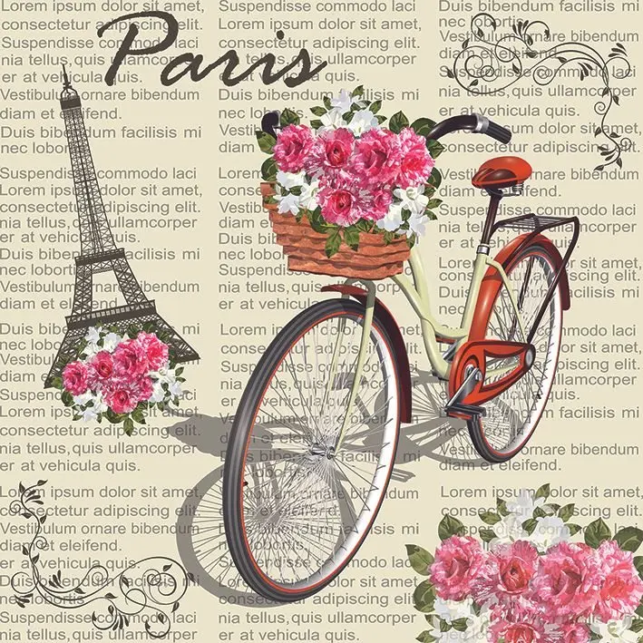 Занавес велосипедная корзина заполненная розами Эйфелева башня Париж