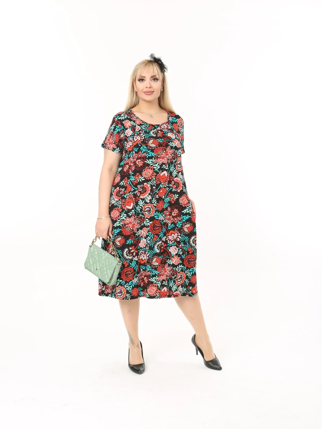 

Plus Size Women Clothing 2022 Summer Casual Dress Colorful Carnation with Pockets Mid-Calf Lycra Knitted Viscose Made in Turkey