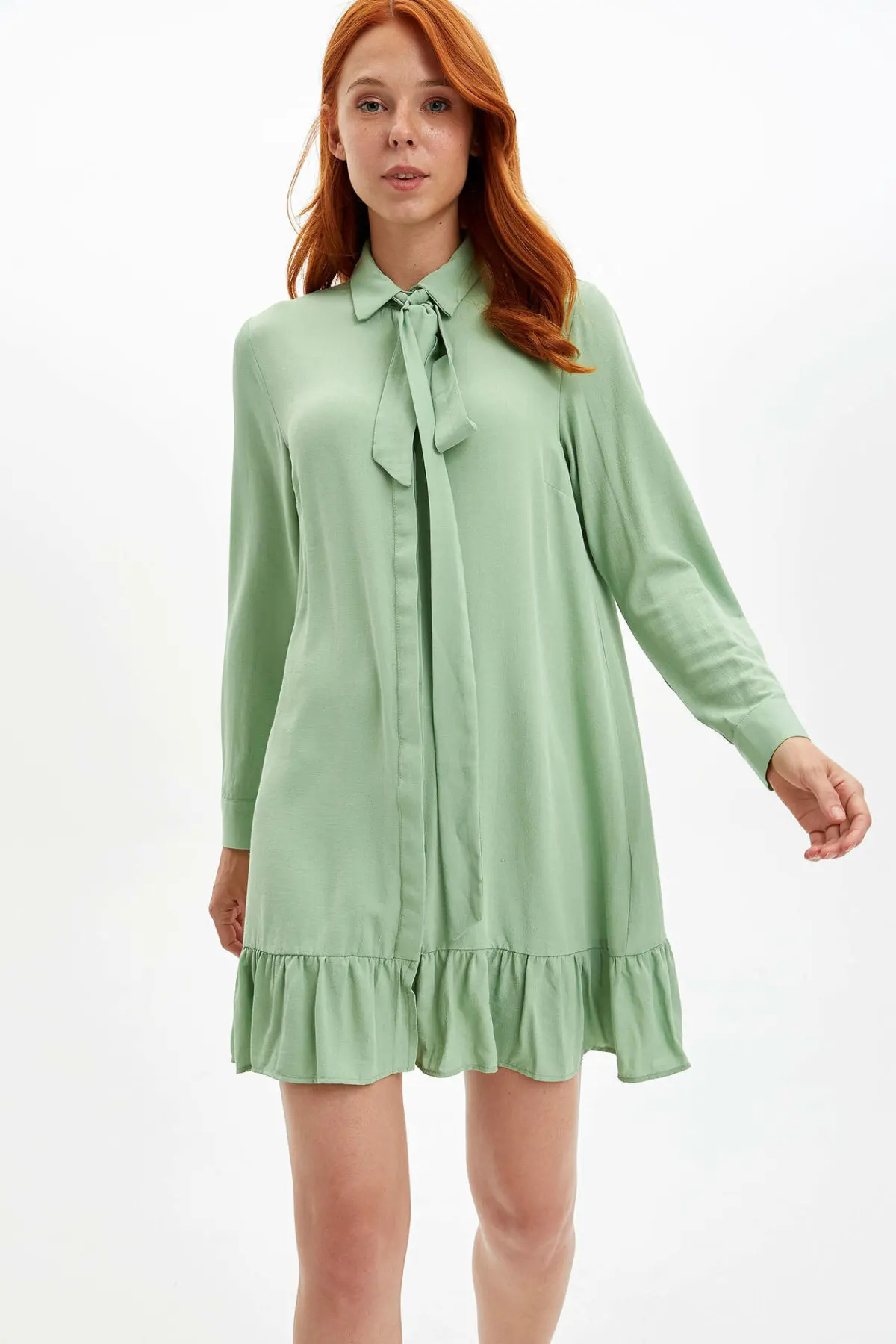 DeFacto женское модное Тканое платье с отворотом и длинными рукавами очаровательное