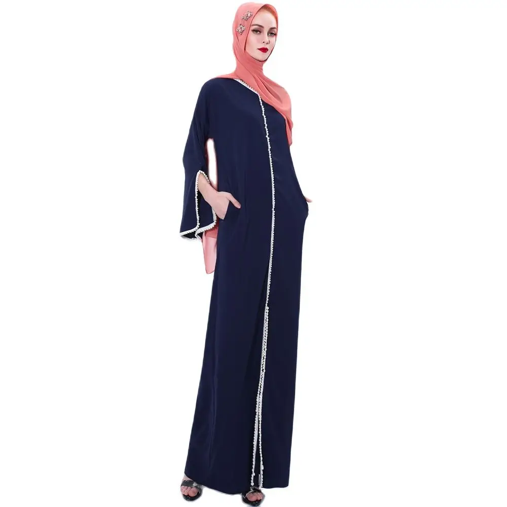 

Islamic Women's 2021 Summer New Pure Color Elegant Pearl Long Skirt Muslim Female Trumpet Sleeve Robe