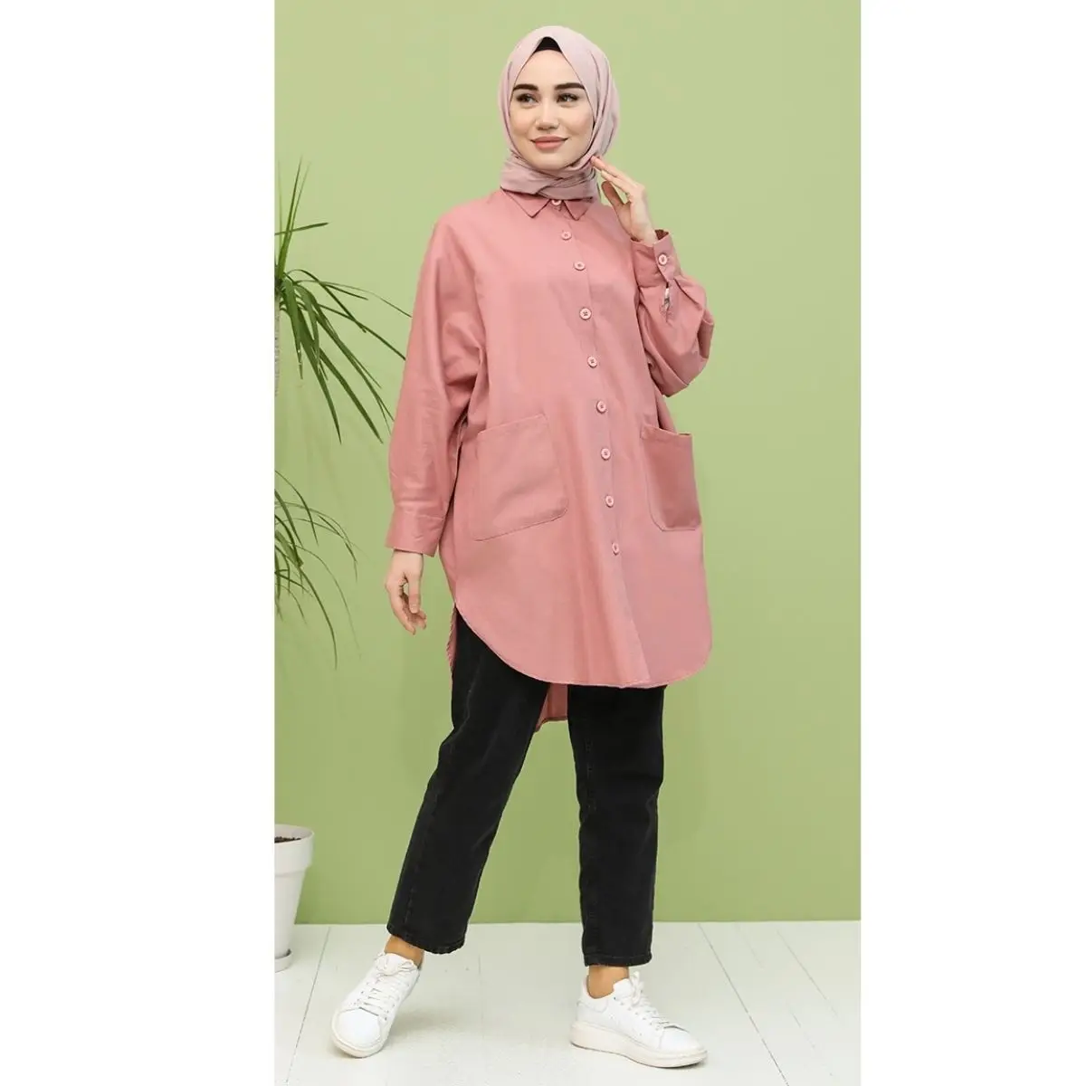 

Loose Pocket Tunic Solid Single Color Button Unlined Bat Sleeve Shirt Collar Seasonal Hijab Women Muslim Clothing Casual Fashion