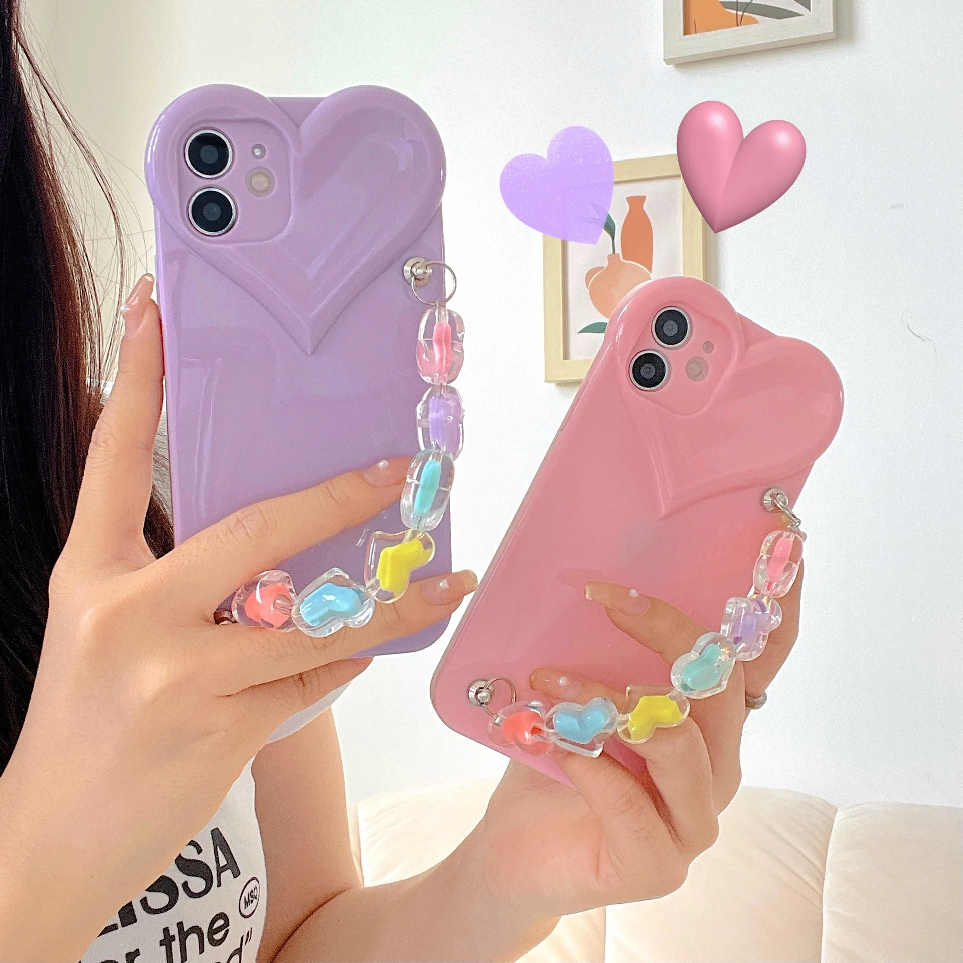 

Candy Color Love Chain Phone Case for IPhone 13 Pro Max with Hand Wrist Strap Cute Cell Phone Cover Skin for IPhone 12mini