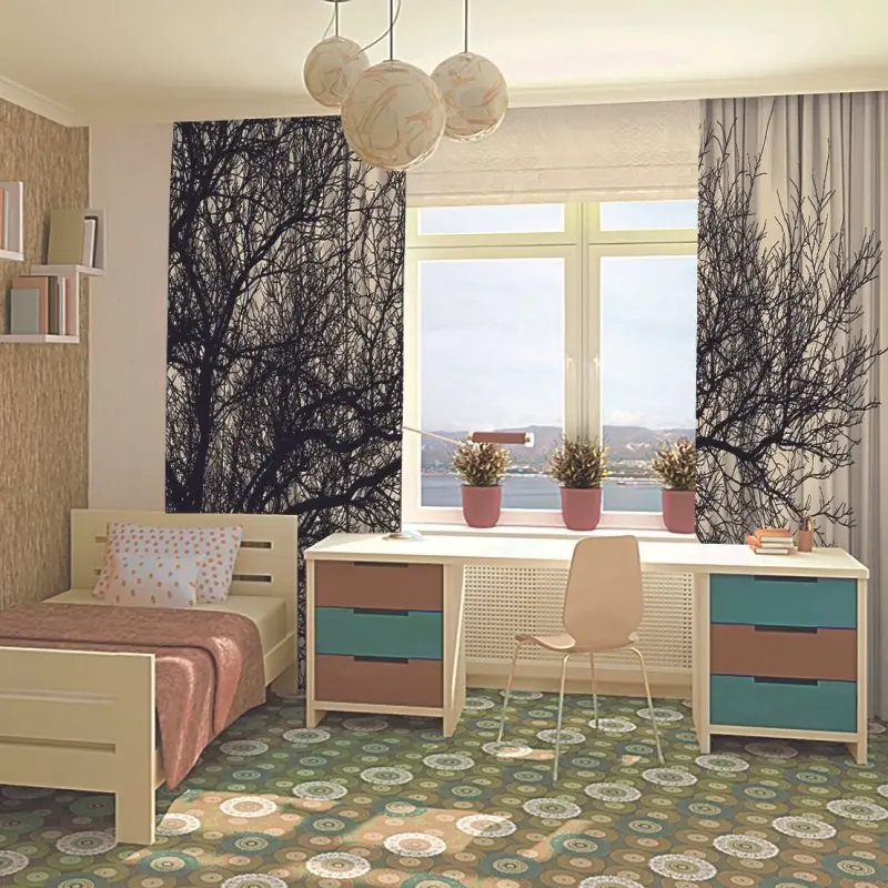 Штора из кожи ветви дерева зимний наружный силуэт природа пейзаж бежевый и