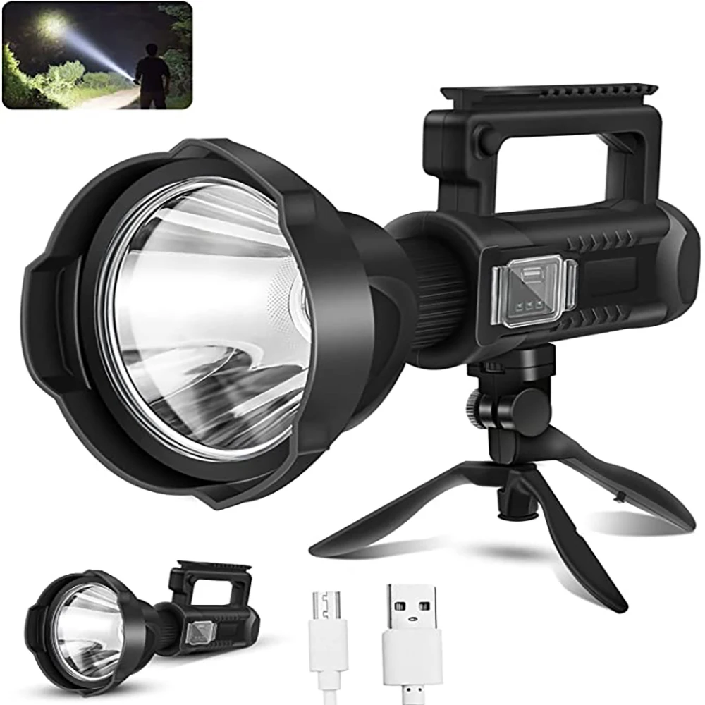 

Rechargeable Spotlight Flashlight Super Bright Led Searchlight,4 Modes Waterproof Handheld Spotlight with Tripod and USB