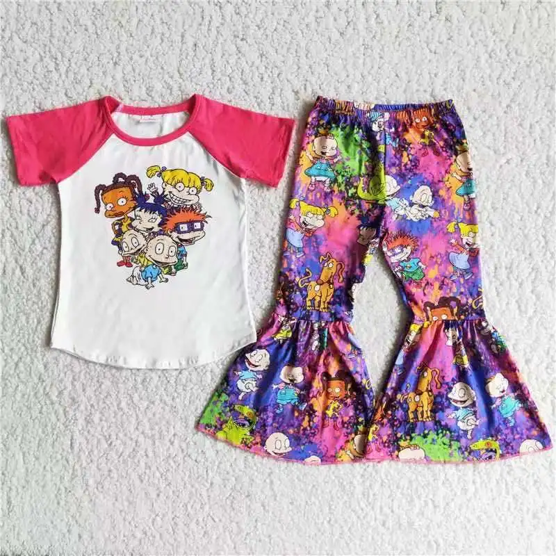 

Summer Kids Boutique Children Clothing Cartoon Short-sleeved Blue Bell-bottomed Trouser Suit Set Girls Kids Wear Outfits