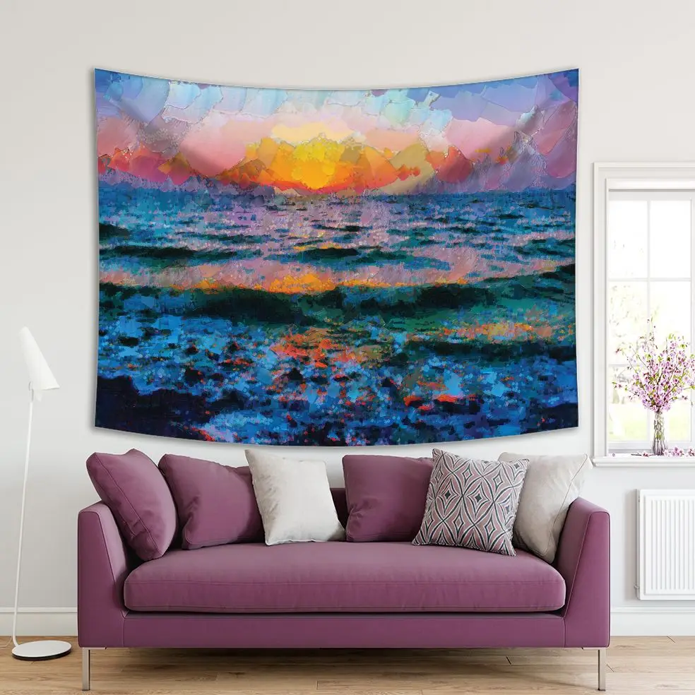 

Tapestry Sunset on Stormy Sea Waves Nature Seascape Evening View Oil Painting Art Printed Blue Orange Pink