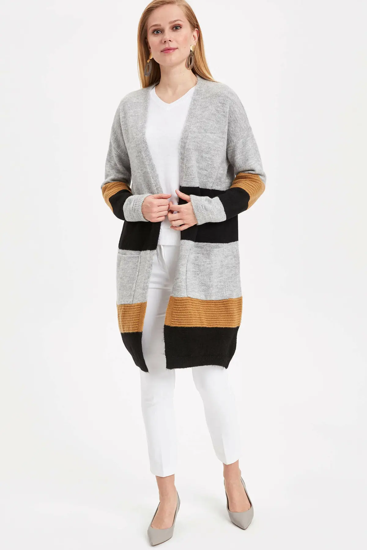 DeFacto Женский Повседневный длинный кардиган вязаный полосатый желтый розовый