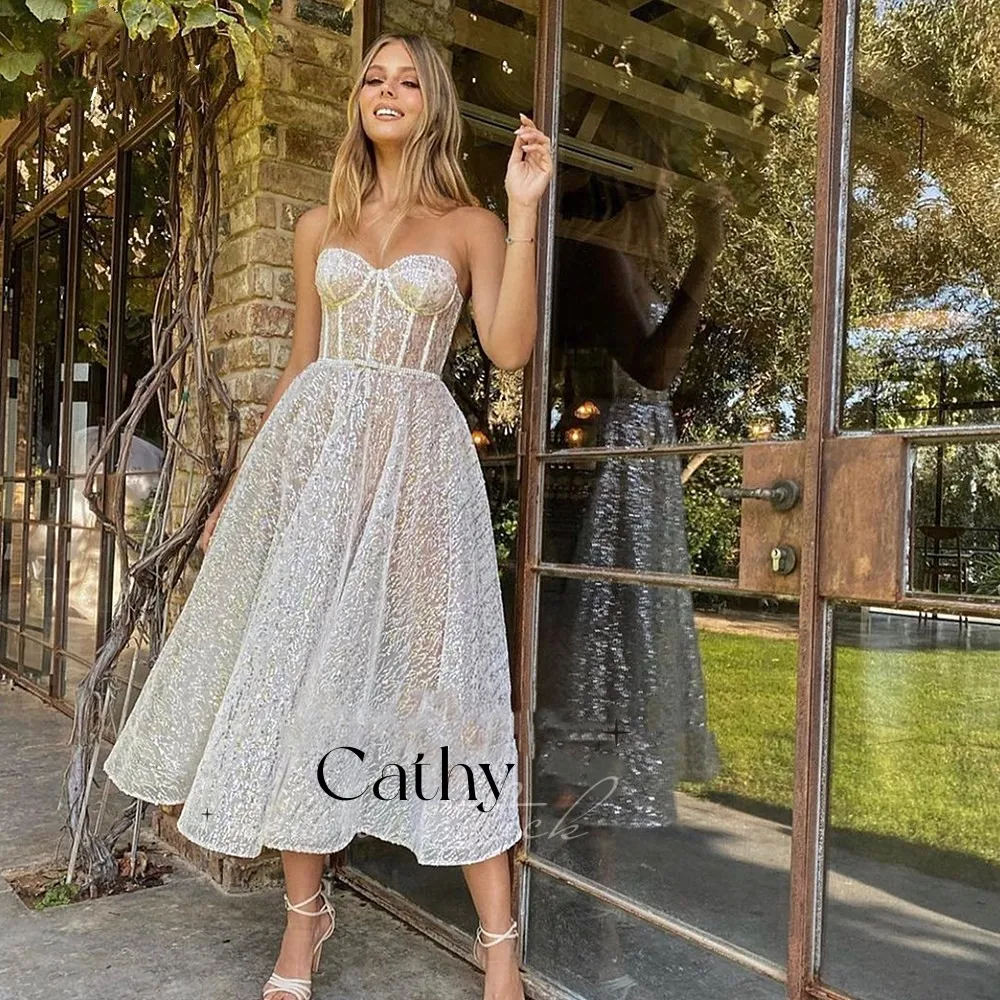

Cathy Strapless Sequin Prom Dresses With Pockets Sweetheart Bone Midi Prom Dresses Backless Tea Length Formal Party Dresses
