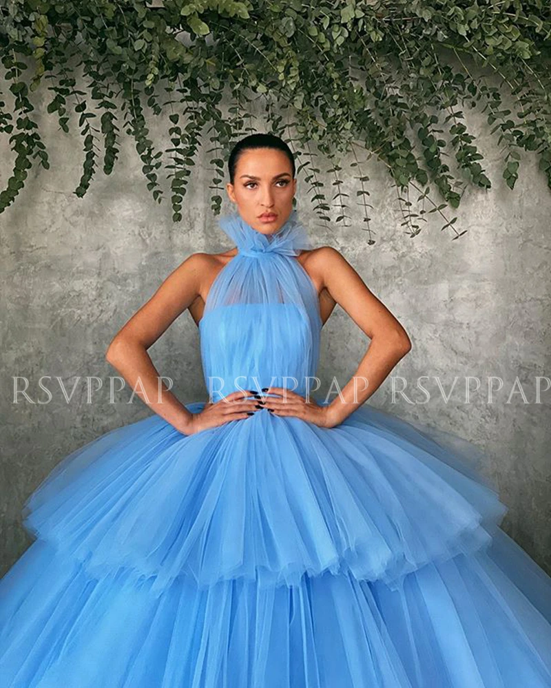 

Long Blue Evening Dresses 2020 Ball Gown High Neck New Arrival Arabic Women Formal Evening Gowns