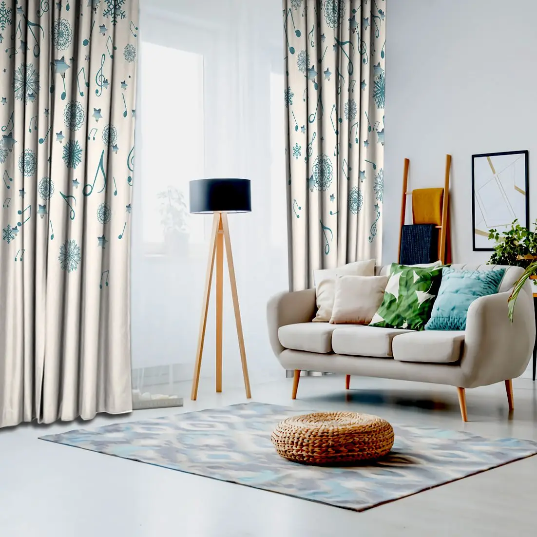 Занавеска Рождественская музыкальная тематика с музыкальными нотами и