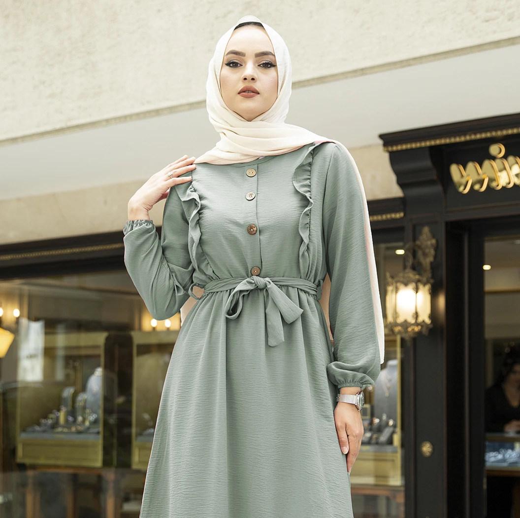 

Кнопка подробные платье Кафтан Дубай Абаи Турция мусульманский женский хиджаб платье Ислам Дубай комплект из обуви в африканском стиле пла...