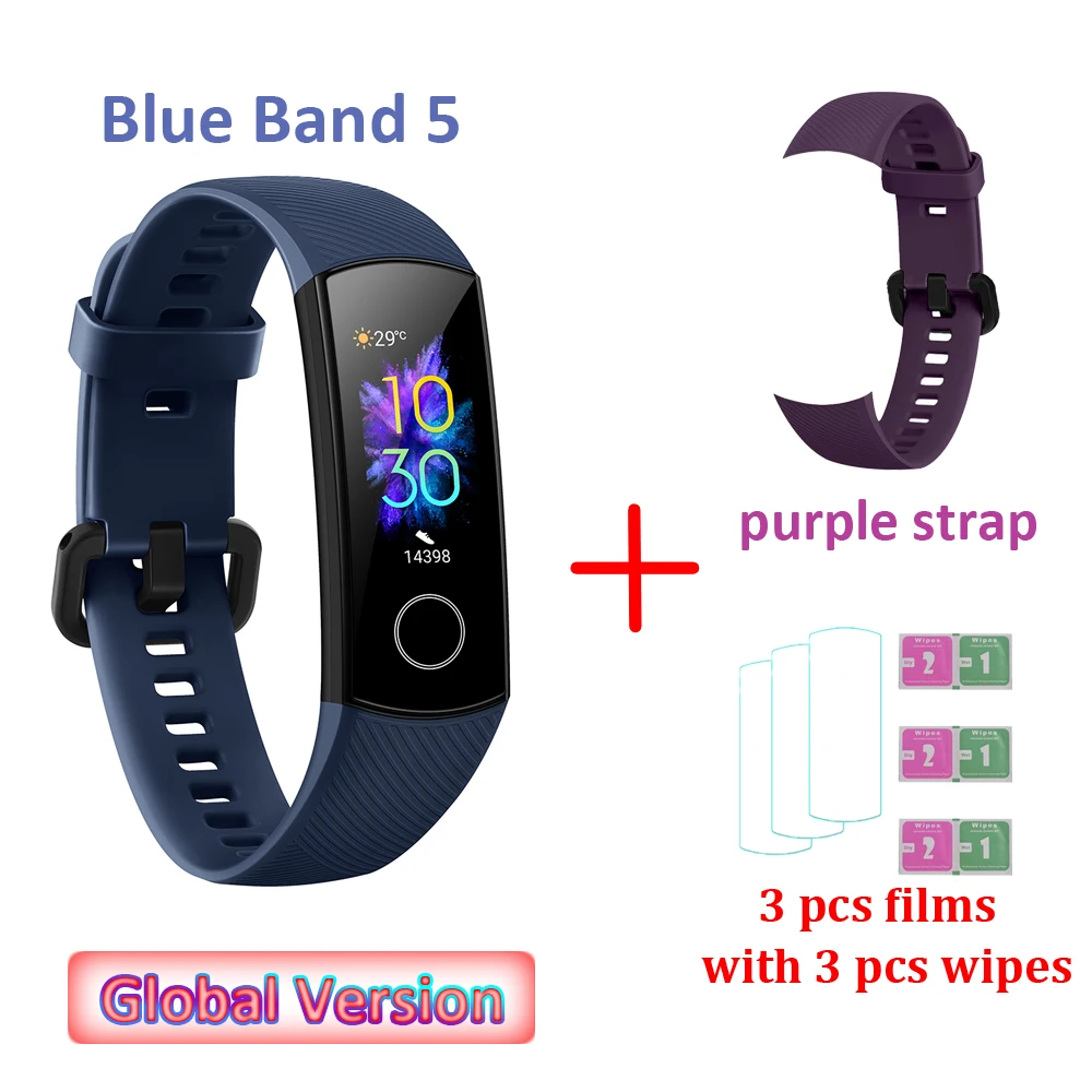 PU strap and 3 films Global Versio huawei Honor Band 5 4, умный Браслет, умный браслет, шагомер, сенсорный экран, для плавания, сердечного ритма, сна, монитор - Цвет: PU strap and 3 films