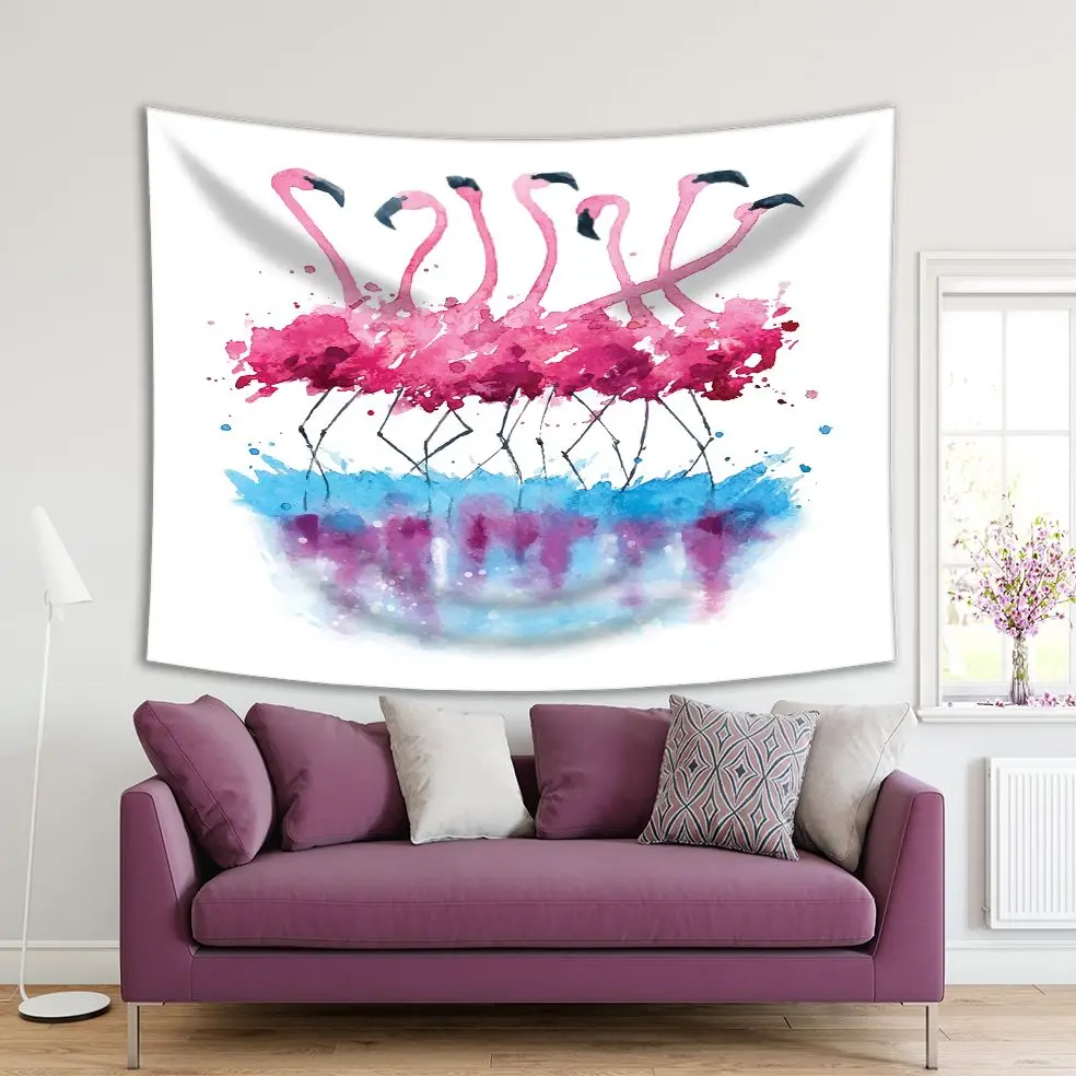 

Tapestry Dancing Flamingoes in Lake Water Exotic Birds Animals Nature Theme Watercolor Painting Printed Pink Blue