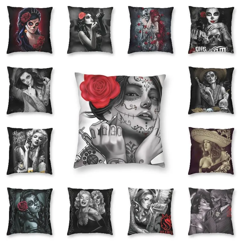 

Day Of The Dead Art Design Cushion Cover 45x45cm Home Decor 3D Printing Sugar Skull Throw Pillow Case for Sofa Double-sided
