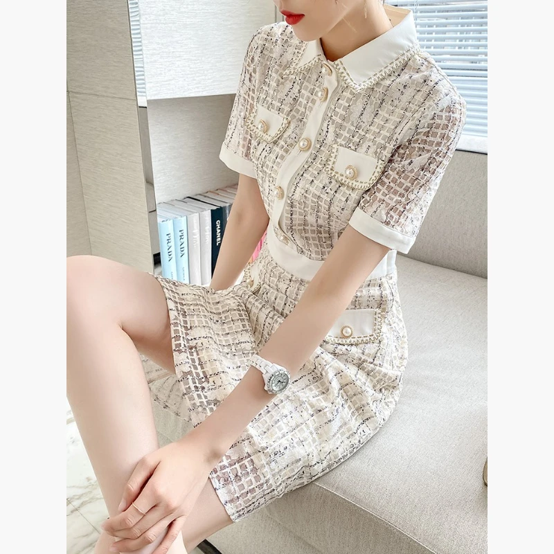

New Autumn Elegant French Style Dress Women Single Breasted Short Sleeve Slim Summer Wear Birthday Party Clothes