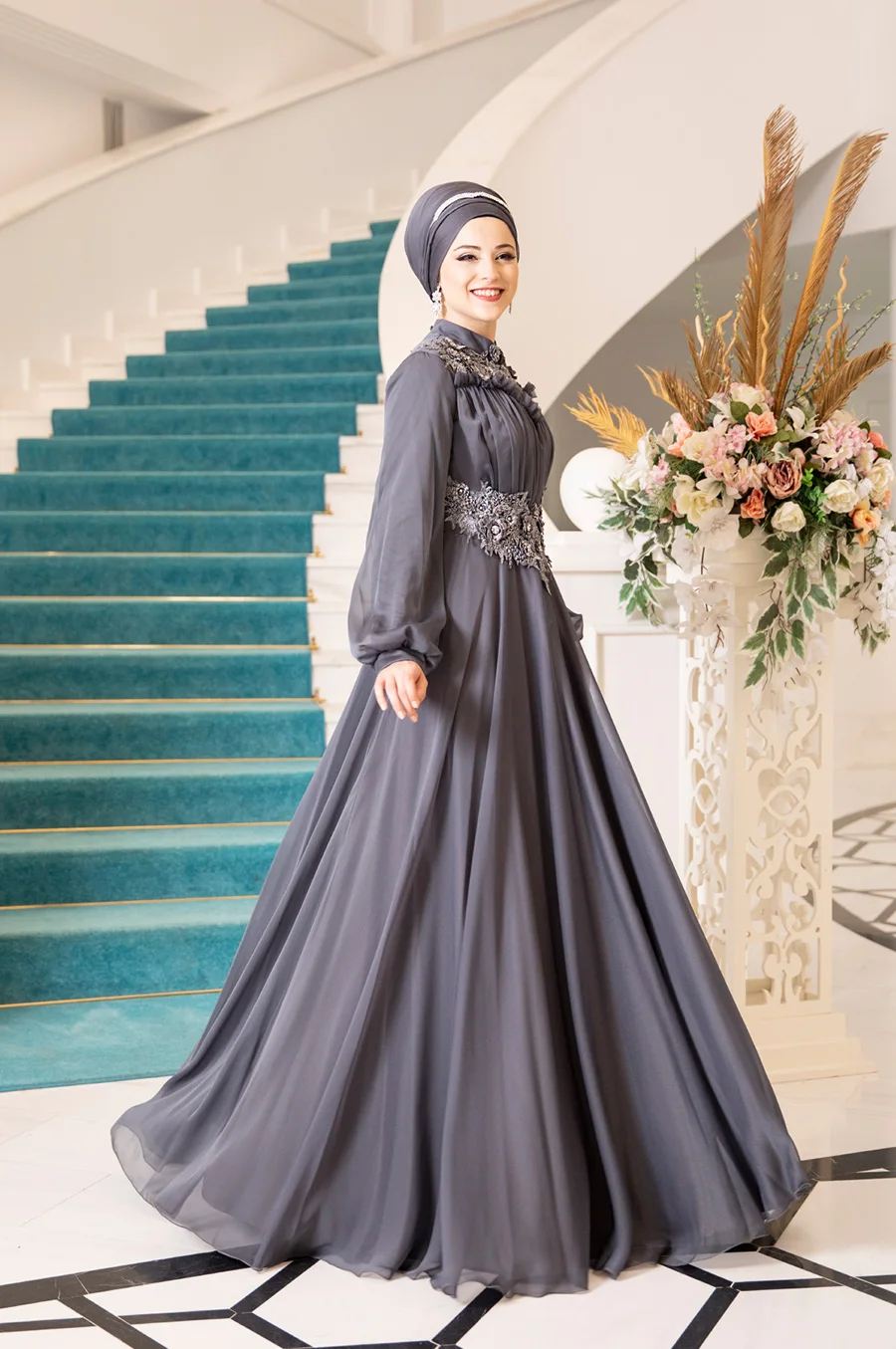 

Dubai Custom Design Muslim Hijab Evening Balloon Flower Detail Long Sleeve Lined Abaya Made in Turkey High Quality 2020