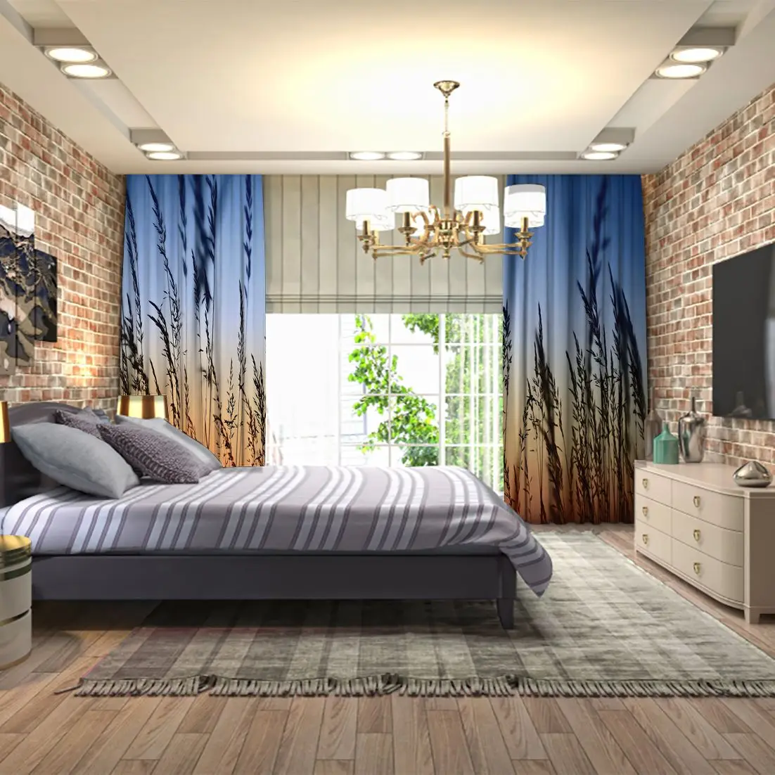 Занавес романтический Закат пейзаж с высокой травой голубое небо оранжевый