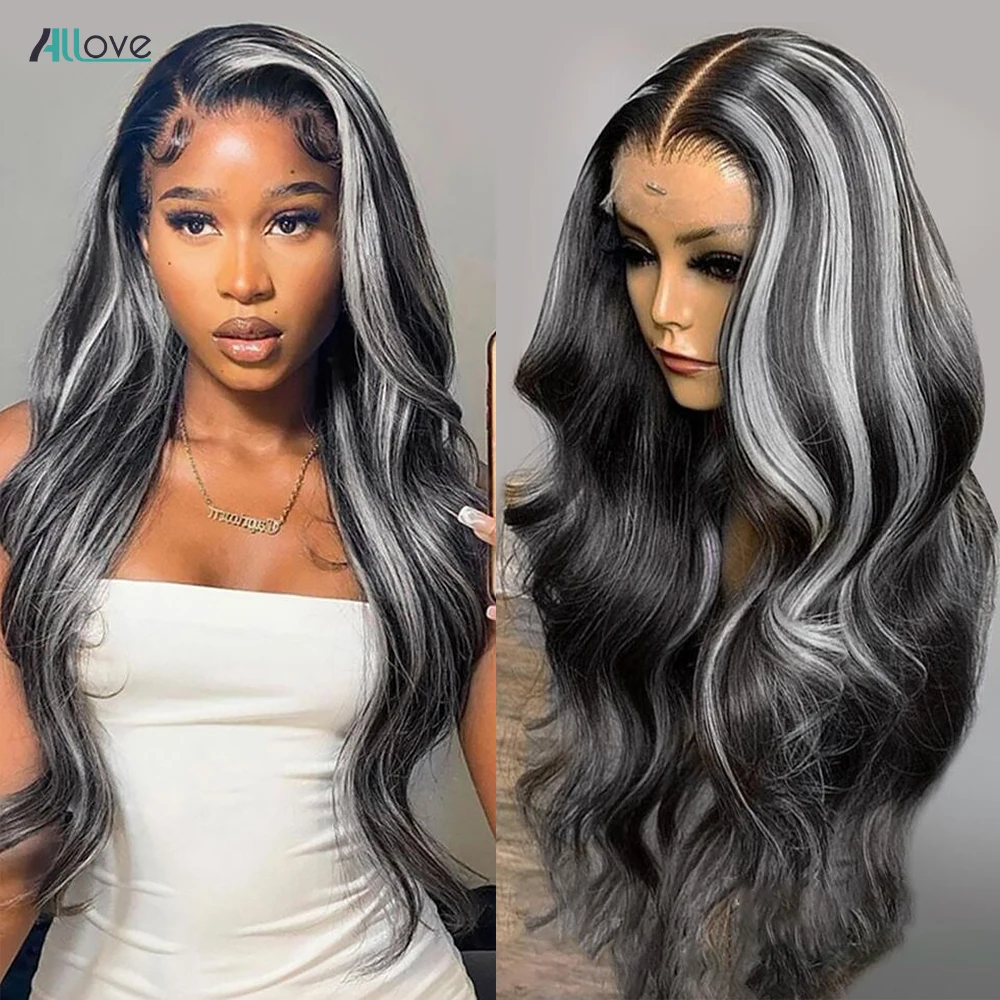 Allove Platinum Highlight Wig Body Wave Lace Front Wig Brazilian HD Transparent Wigs For Women Human Hair Ombre Gray Blonde Wig