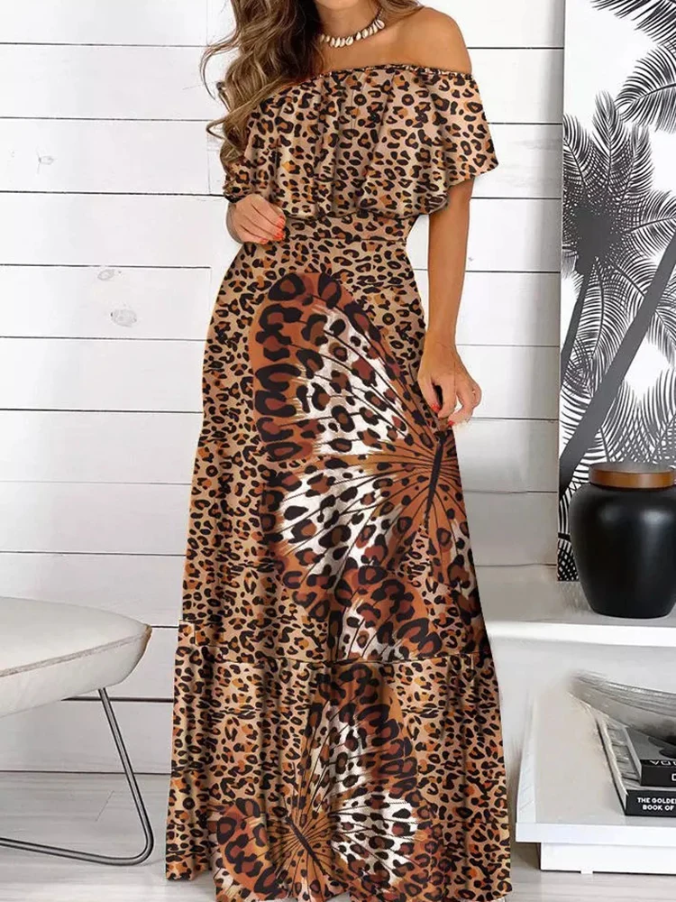 

Leopard Print Ruffled Slash Neck Long Dress Oversized Butterfly Print Long Sleeve Elegant Dress for Party Wedding