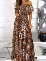 leopard print ruffled slash neck long dress oversized butterfly print long sleeve elegant dress for party wedding