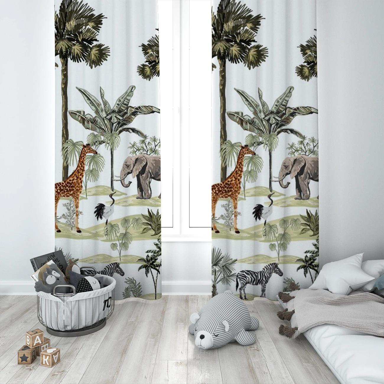 

Curtains Children 3D Printed Decorative Items Home Childrens Room White Giraffe Elephant Tree Model 1391