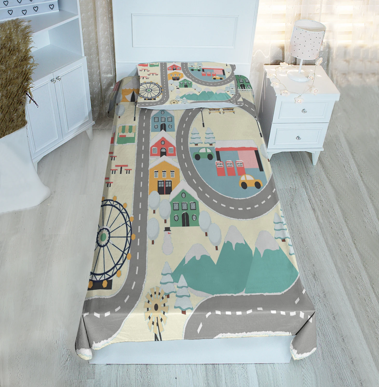 

Grey single bed cover with road home car pattern velvet fabric Free Shipping quality product kids room decoration baby room