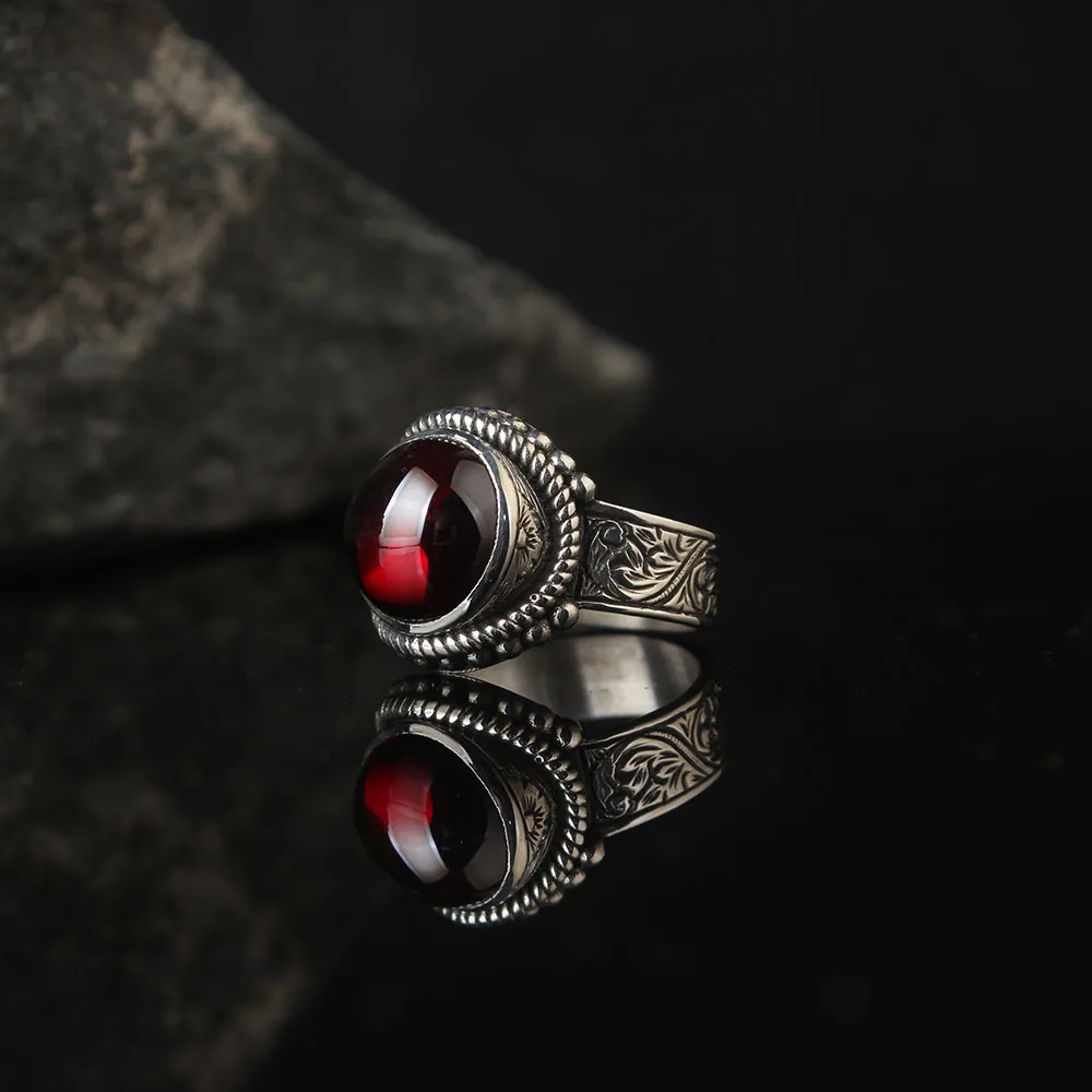 

Red Zircone Traditional Turkish 925 Sterling Silver Special Craft Handmade Signet Rings Jewelry Gift From Turkey for Women Men
