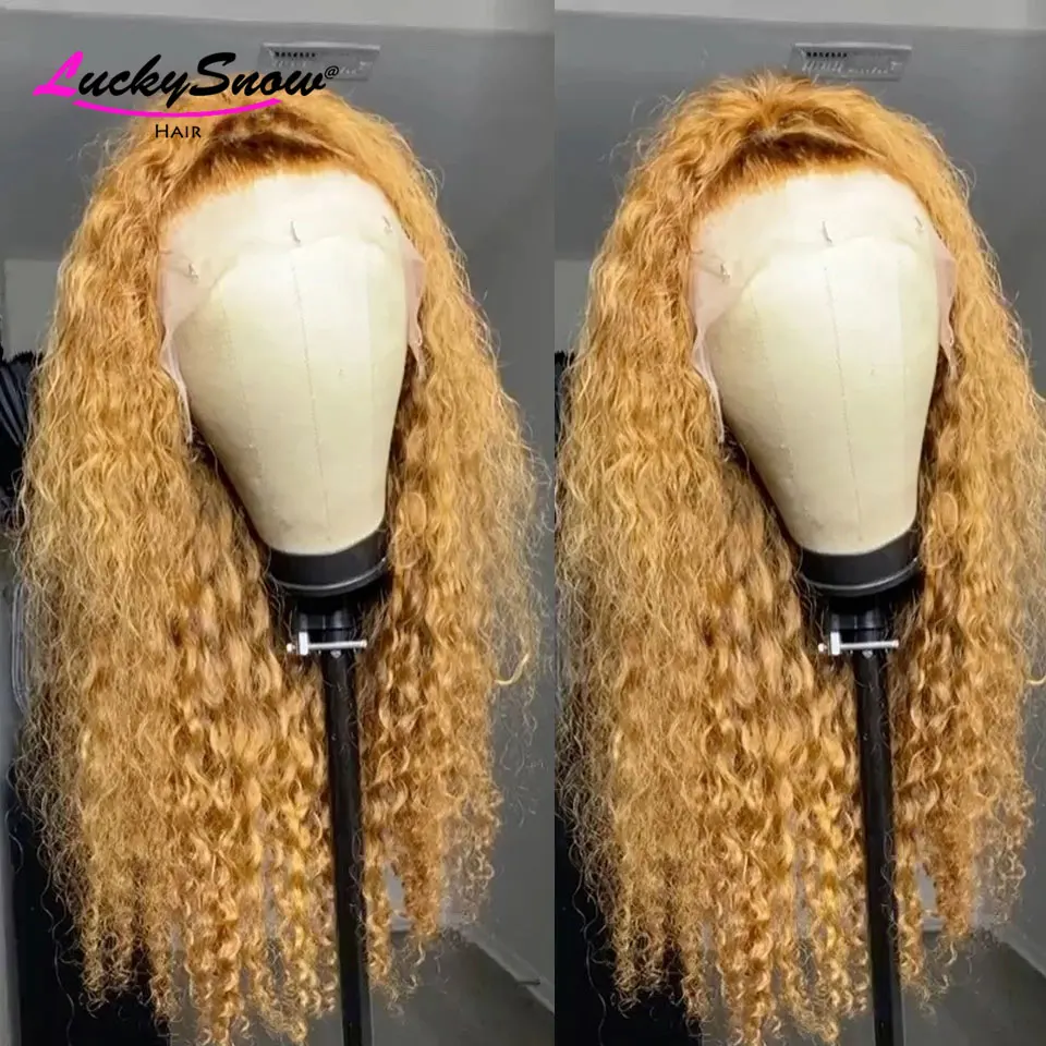 #27 Honey Blonde Lace Front Wig Brazilian Remy Water Wave Human Hair Wigs For Women HD Transparent 180% | Шиньоны и парики