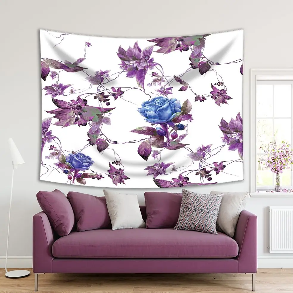 

Tapestry Flowers Roses Leaves Summer Garden Nature Vintage Style Painting Artwork Blue Purple White