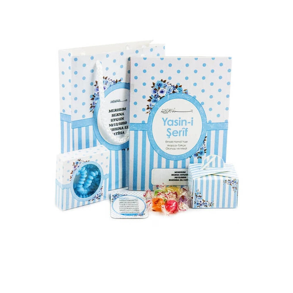 

IQRAH İsme Private Labeled Yasin Set-Bag Size-64 Page-Tesbihli-Magnetli-Sugary-Carton bag-Blue Color-Mawlid