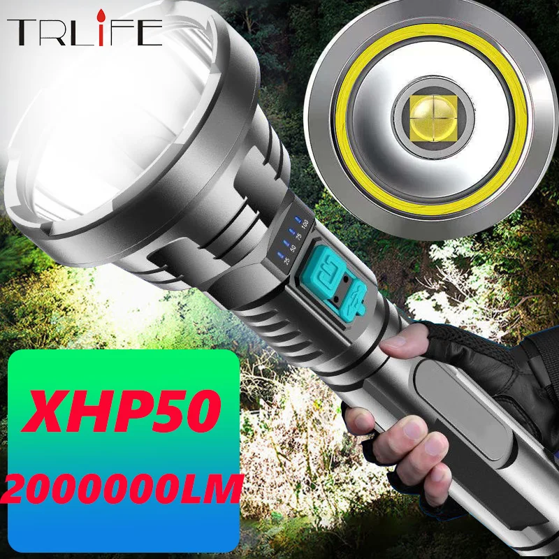 

2000000LM Powerful LED Flashlight XHP50 Torch USB Rechargeable Tactical Hunting Light Built-in 18650 Battery Super Long Distance