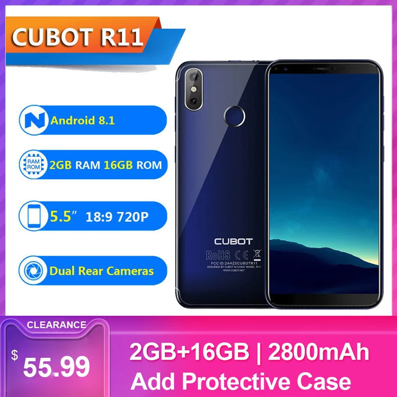 Чехол для CUBOT R11 3g WCDMA отпечатков пальцев все Экран 18:9 HD+ 2 Гб оперативной памяти, 16 Гб встроенной памяти, мобильный телефон 8-ядерный спереди 8MP задняя 13+ 2 Мп камеры смартфона