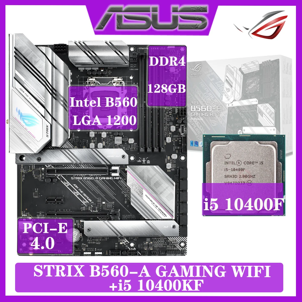 

ASUS ROG STRIX B560-A GAMING WIFI Motherboard Combo Kit Set Intel Core i5-10400K With 10th-Gen CPU DDR4 128GB ATX Placa-mãe 1200