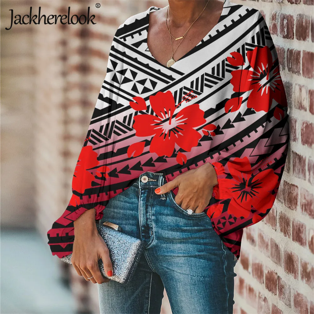 

Винтажная модная женская шифоновая блузка Jackherelook, полинезийская тату Самоа, гибискус, рубашка с принтом, повседневные женские топы