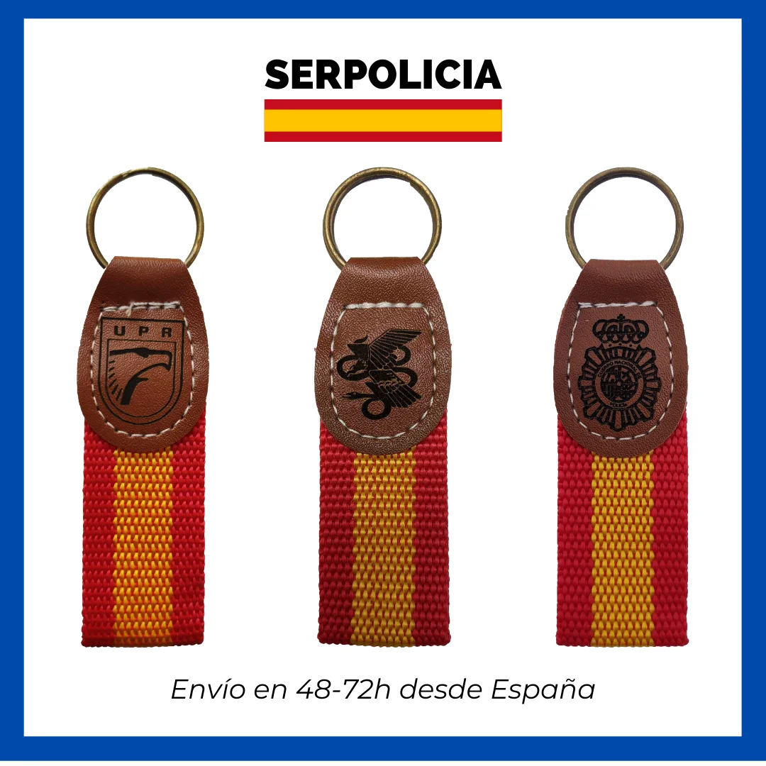 Брелок полиция с флагом Испании. Логотипы корпуса национальной полиции GEO и UPR.