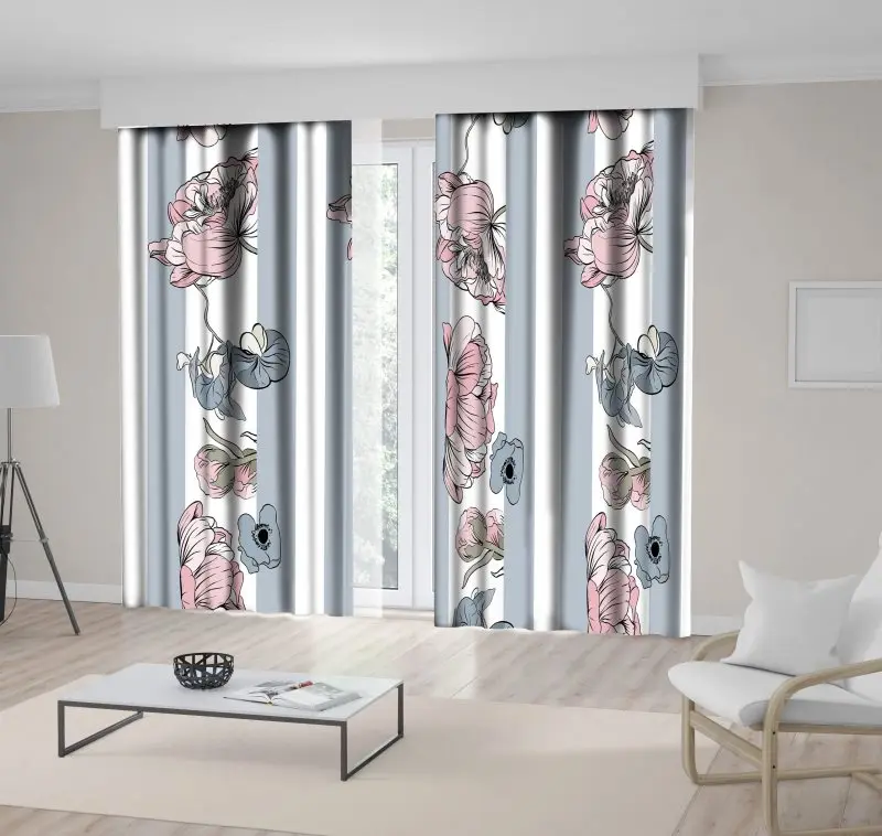

Curtain Peony Flowers Blooms on Striped Background Floral Elegant Artwork Printed Pink Gray