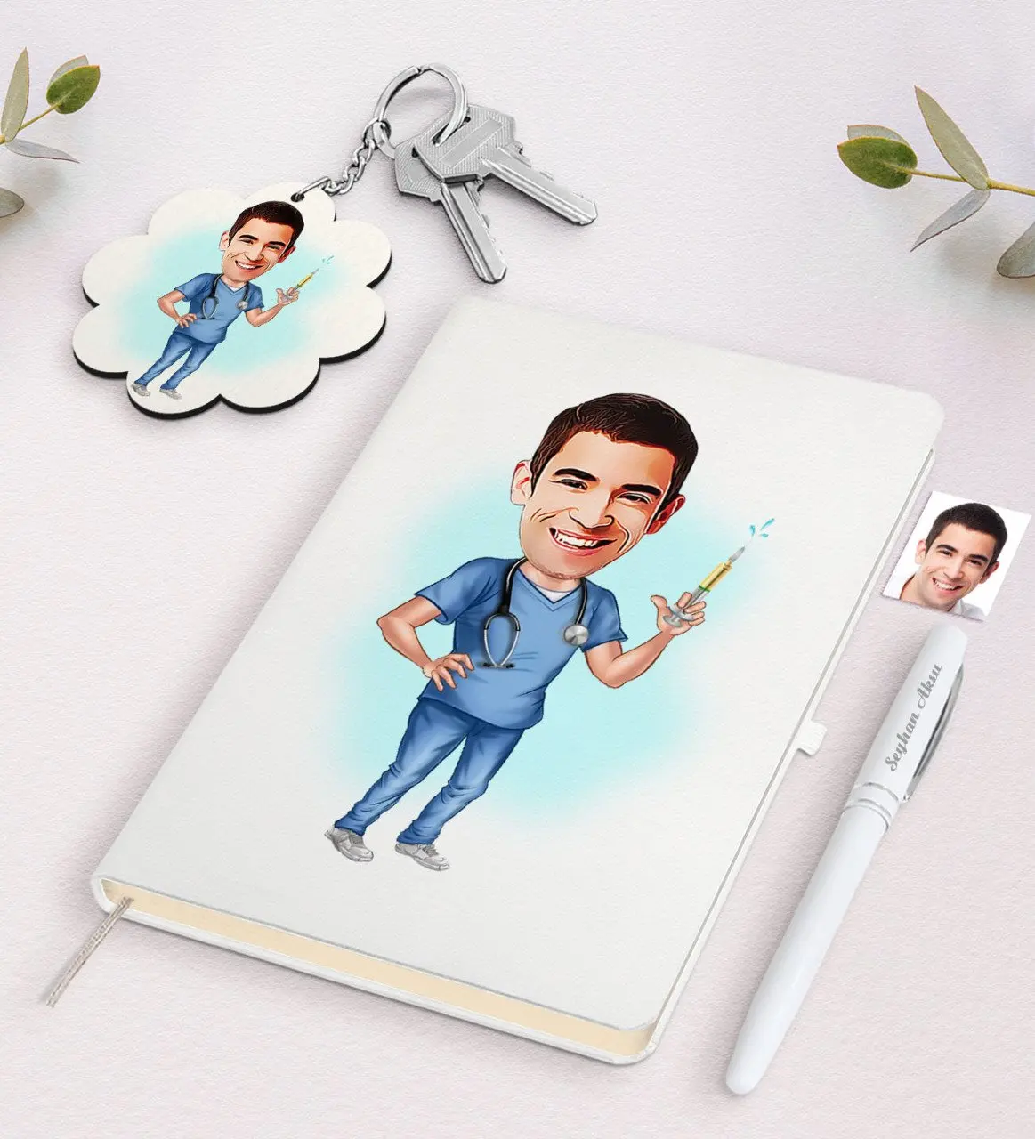 

Personalized Men 'S Doctor Caricature Of White Notebook pen And Keychain Gift Seti-3 Reliable Quality Gift Casual design