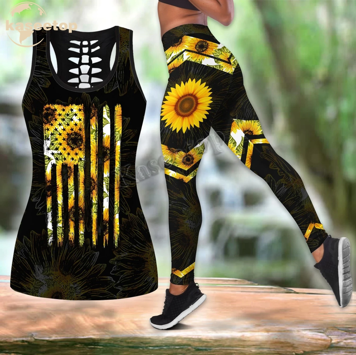 

Комплект для йоги с подсолнухами и флагом из двух предметов, Женский комплект для йоги с 3D принтом, жилет с вырезами, искусственная кожа и ле...