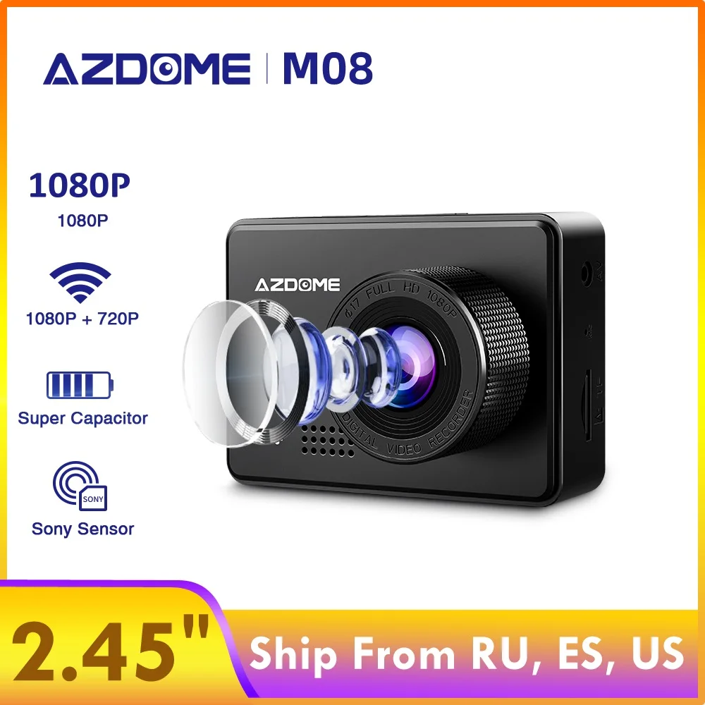 Видеорегистратор AZDOME M08 автомобильный 2 45 дюйма 1080P Wi Fi WDR датчик
