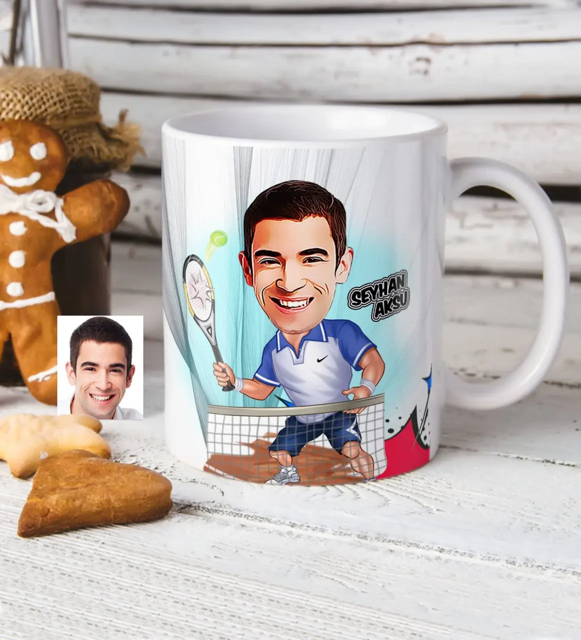 

Personalized Male Tennis Player Caricature Of White Mug cup