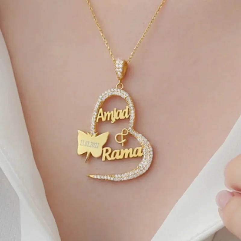 

Personalized Name Necklace With Heart And Butterfly Engrave Names And Date Custom Diamond Nameplate Zircon Jewelry Gift For Mom