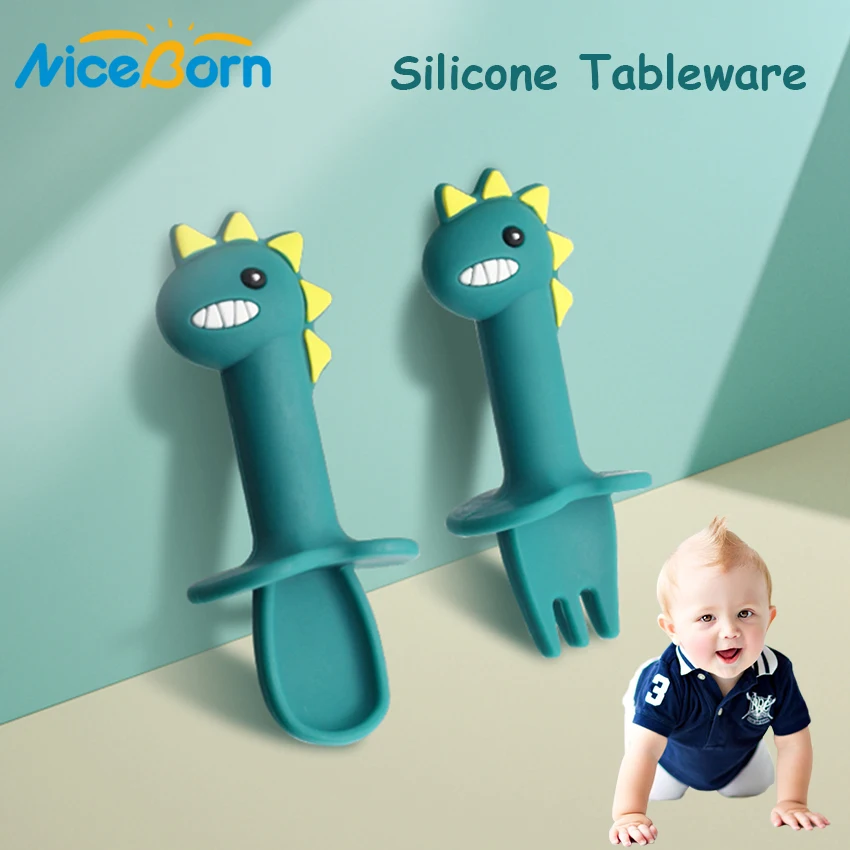 

NiceBorn Baby Tableware Silicone Children's Meal Plate Suction Practice Eating Plate Baby Fork and Spoon Sets