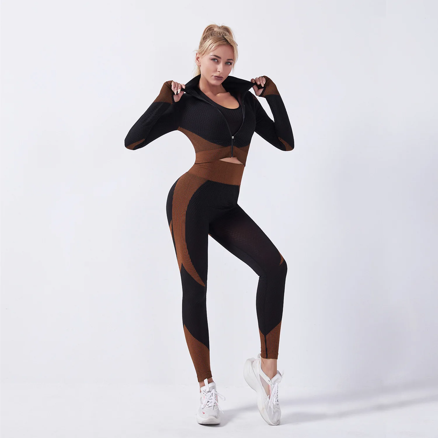 

1 Set Seamless Female Sports Yoga Suit Fitness Running Long-Sleeved Women'S Tracksuit Tracksuits Women Sportswear Suit Female